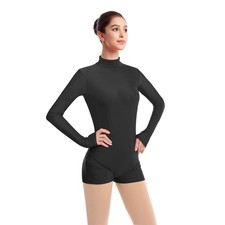 Women Mock Neck Gymnastics Dance Leotard Boyshorts Long Sleeve Bodysuit Balle...