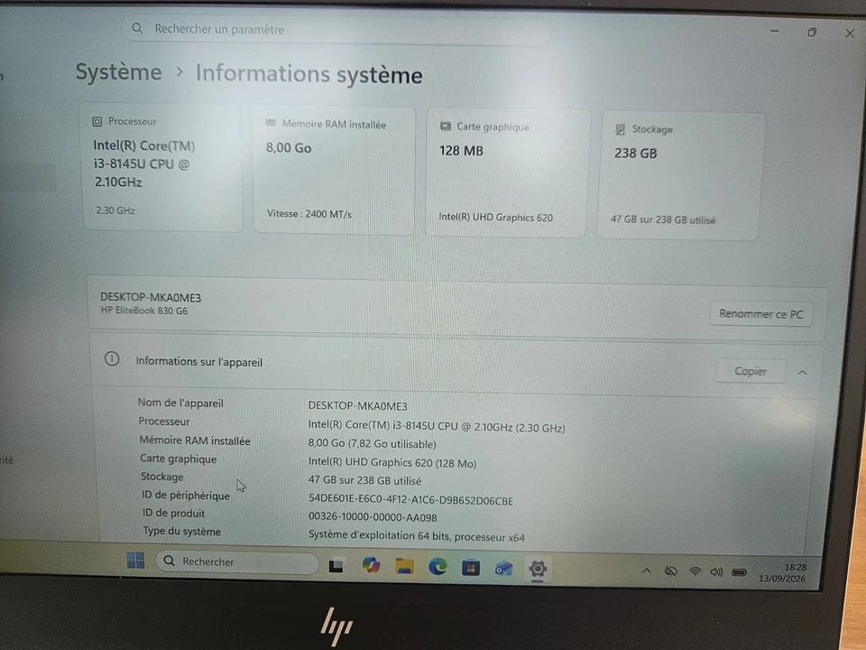 HP EliteBook 830 G6 · i3-8145U · 8GB · 256GB, photo 2 sur 5