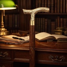 37 Inch Solid Brass Handle With Handcrafted Wooden Walking Stick Cane For Gift