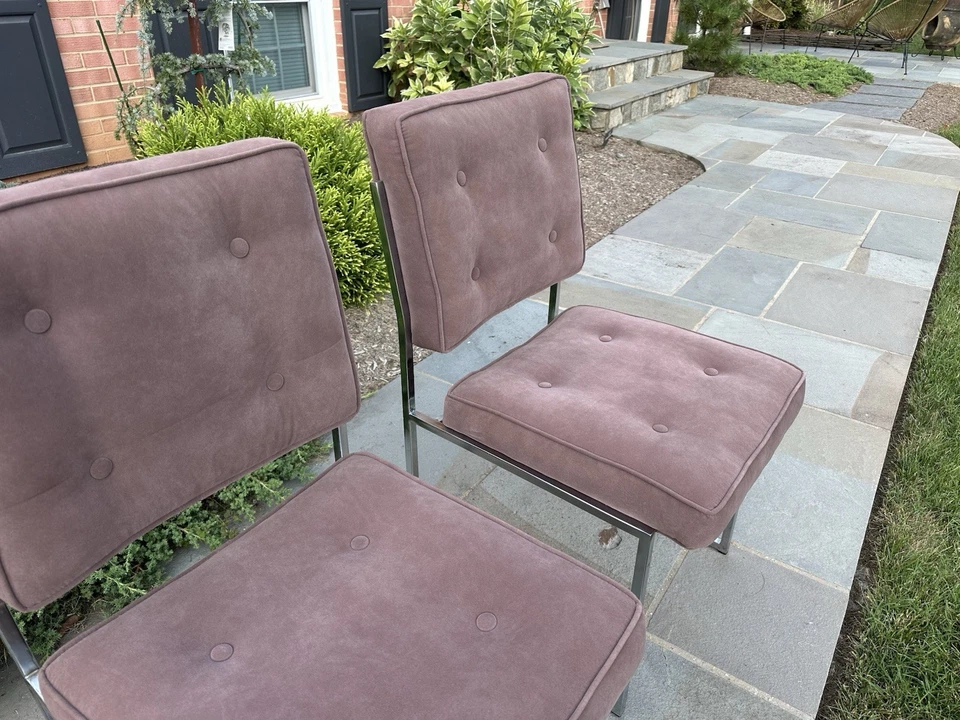 Juego de 4 sillas de comedor de gamuza cromada estilo Milo Baughman años 70 Foto 4 de 4