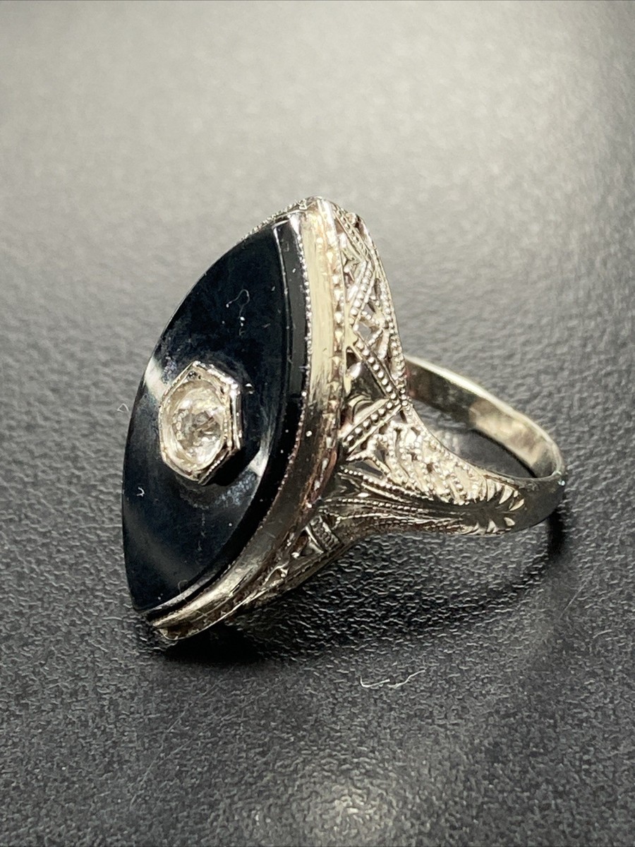 Antique~Tested 14k White Gold Filigree Onyx Diamond Grams