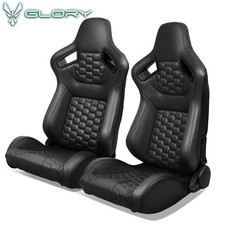 Universal Racing Seat Pair Reclinable Honeycomb Dual Slider Black Pu Leather