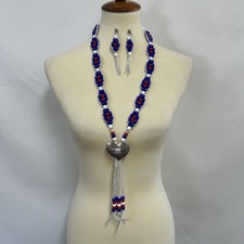 Conjunto de collar y pendientes vintage de pony Bead Bolo corazón concho patriótico casero