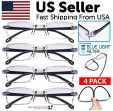 4 PK Mens Rectangular Rimless Blue Light Blocking Reading Glasses Unisex Readers