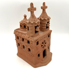 Vintage Mexican Folk Art Terra Cotta Pottery Clay Mission Church Hanging Bells