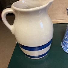Vintage Roseville Blue Stripe Stoneware Pitcher 1 Gallon Nice