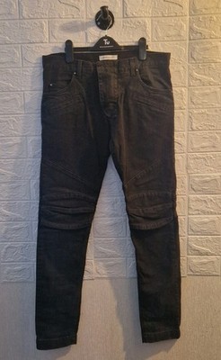 Pierre Balmain Mens Biker Jeans Black Slim Moto Ribbed Designer Panel Denim 34