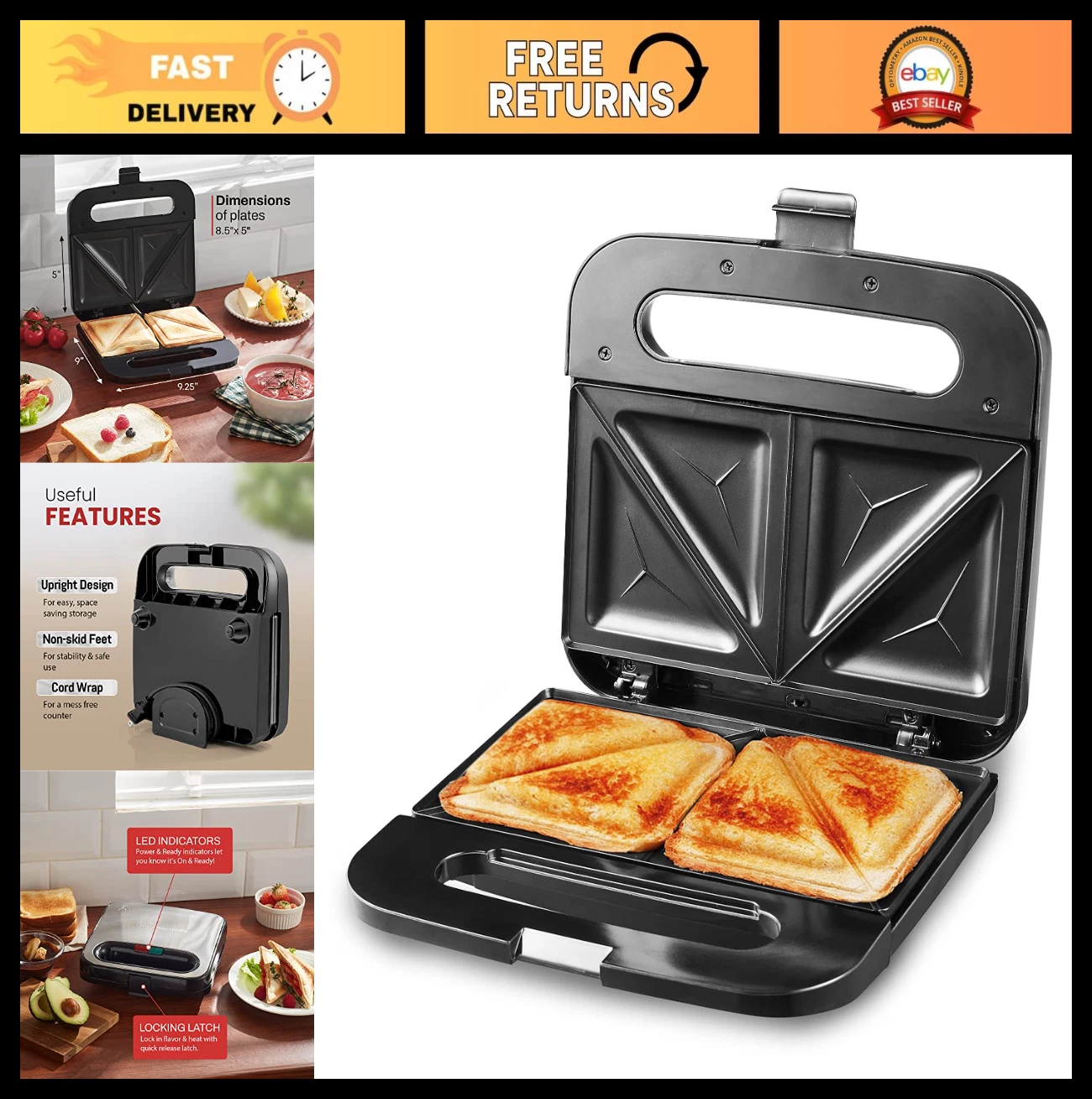 Non-Stick Sandwich Panini Maker, 2 Slice Grilled Cheese & Omelets Machine, 750W