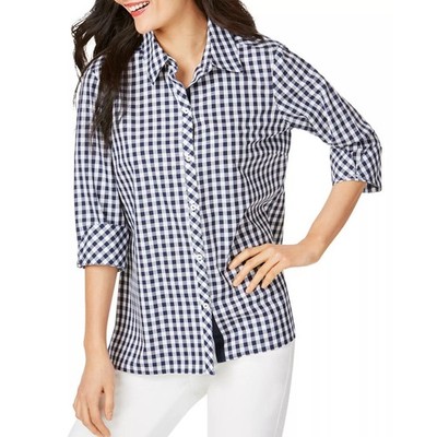 NWT Foxcroft Women Petite Size 4 4P Navy White Morgan Non-Iron Gingham Shirt NEW