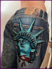 Y2k 2000s Statue of liberty Diamonds Jeans Casual Denim Pants High Waist