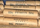SEALED, UNSEARCHED, OBW (Old Bank Wrapper) Wheat Cent Roll Mixed Dates 1909–58.