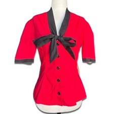 Heart of Haute Red Black Bow Tie Blouse Made In USA Cotton Retro Pinup Medium