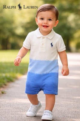Ralph Lauren Baby Romper 12M Blue White Ombre Polo Short Sleeve