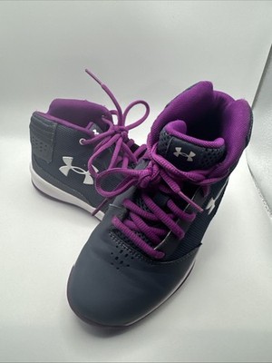 Under Armour Gray Purple Basketball High Top Shoes Kids Unisex Size 1.5 Y Youth
