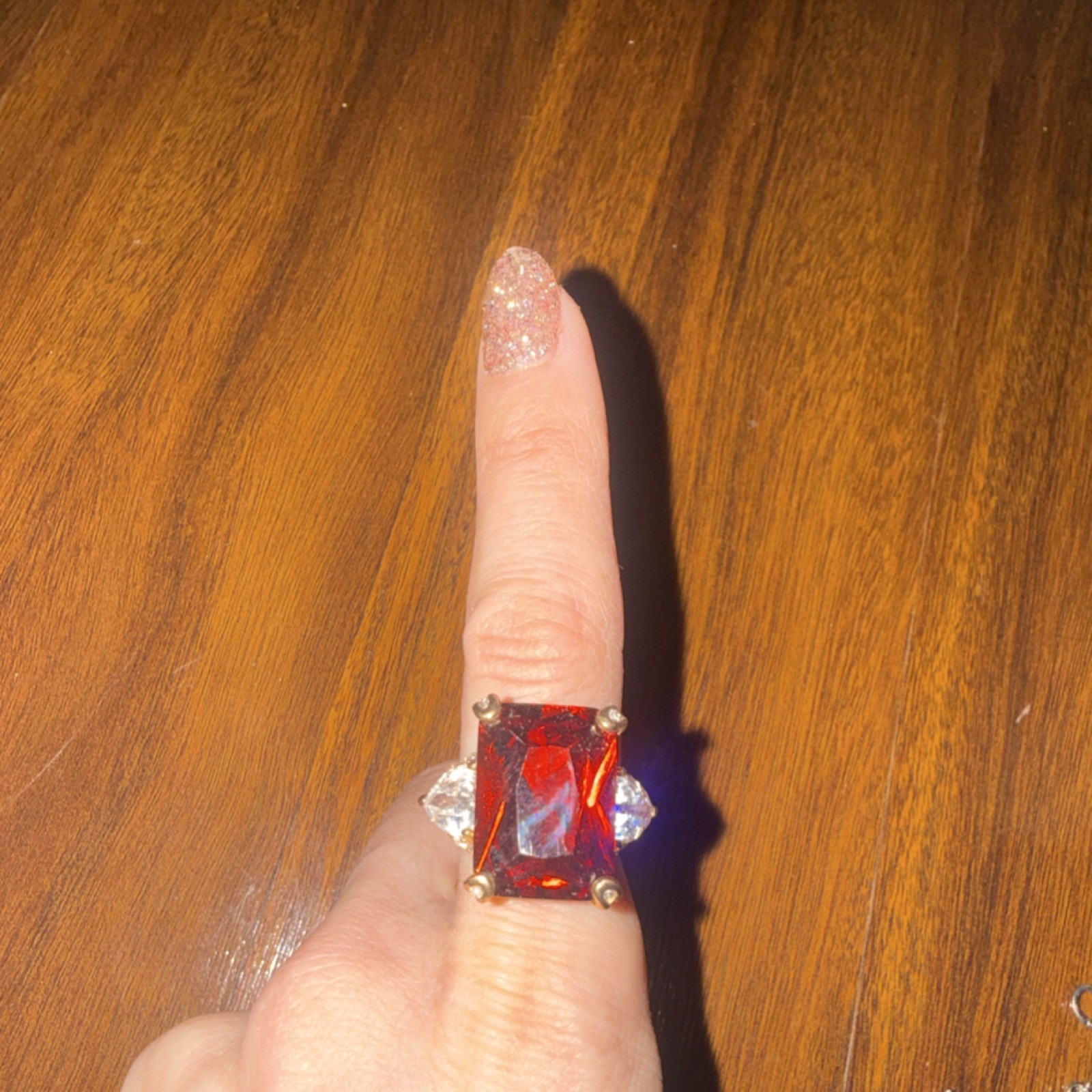 Gold Tone Ring with Large Red Rectangle Stone & C… - image 1