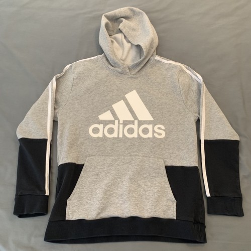 Adidas Hoodie Youth XL 18/20 Gray Black Pullover Logo Three Stripes Athletic