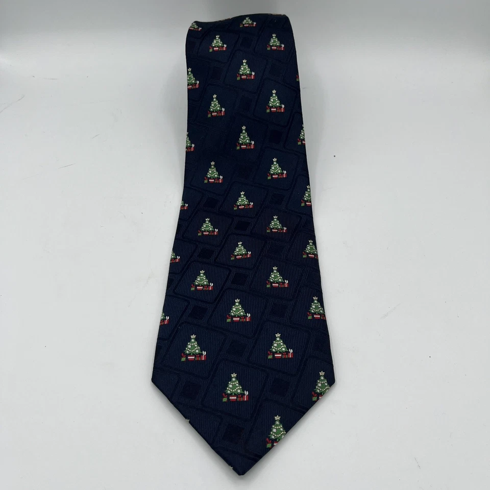 Van Heusen Men's Neck Tie Navy With Christmas Trees & Presents 100% Silk-60” - Image 2 of 3