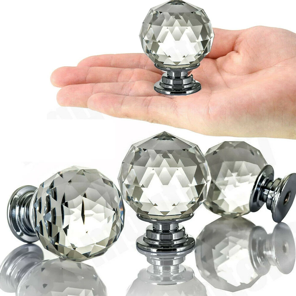 CLEAR CRYSTAL DIAMOND GLASS DOOR KNOBS CUPBOARD DRAWER FURNITURE HANDLE CABINET - Image 2 of 4