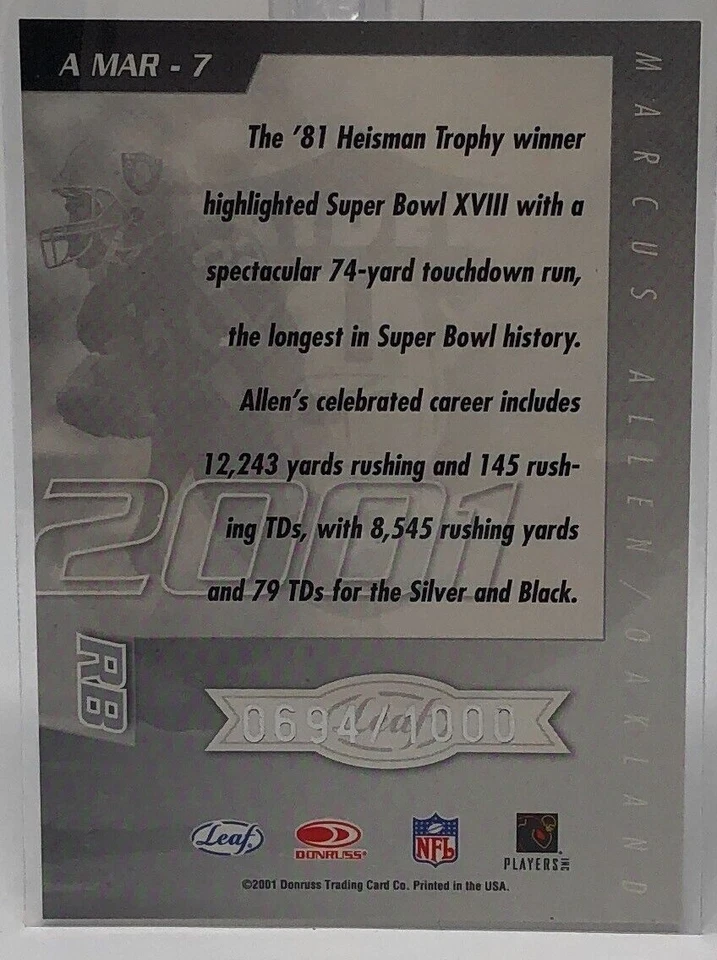 2001 Quantum Leaf All-Millennium Marks Insert MARCUS ALLEN #/1000 Raiders SP - Image 2 of 2
