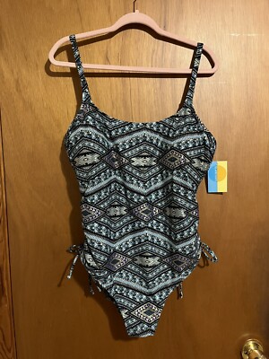 Island Rays 2X One Piece Swimsuit With Side Cinch Green Blue Gold Accents NWT