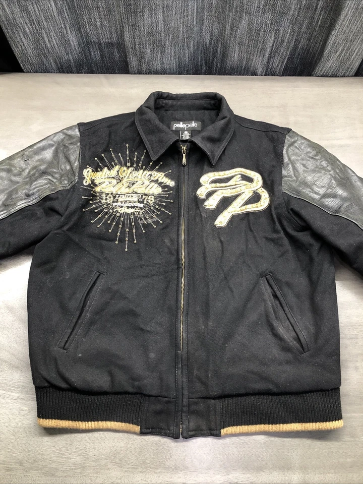 Pelle Pelle "GREATEST OF ALL TIME" Chaqueta Cuero/Lana Adornada Negra Grande Mujer Foto 2 de 4