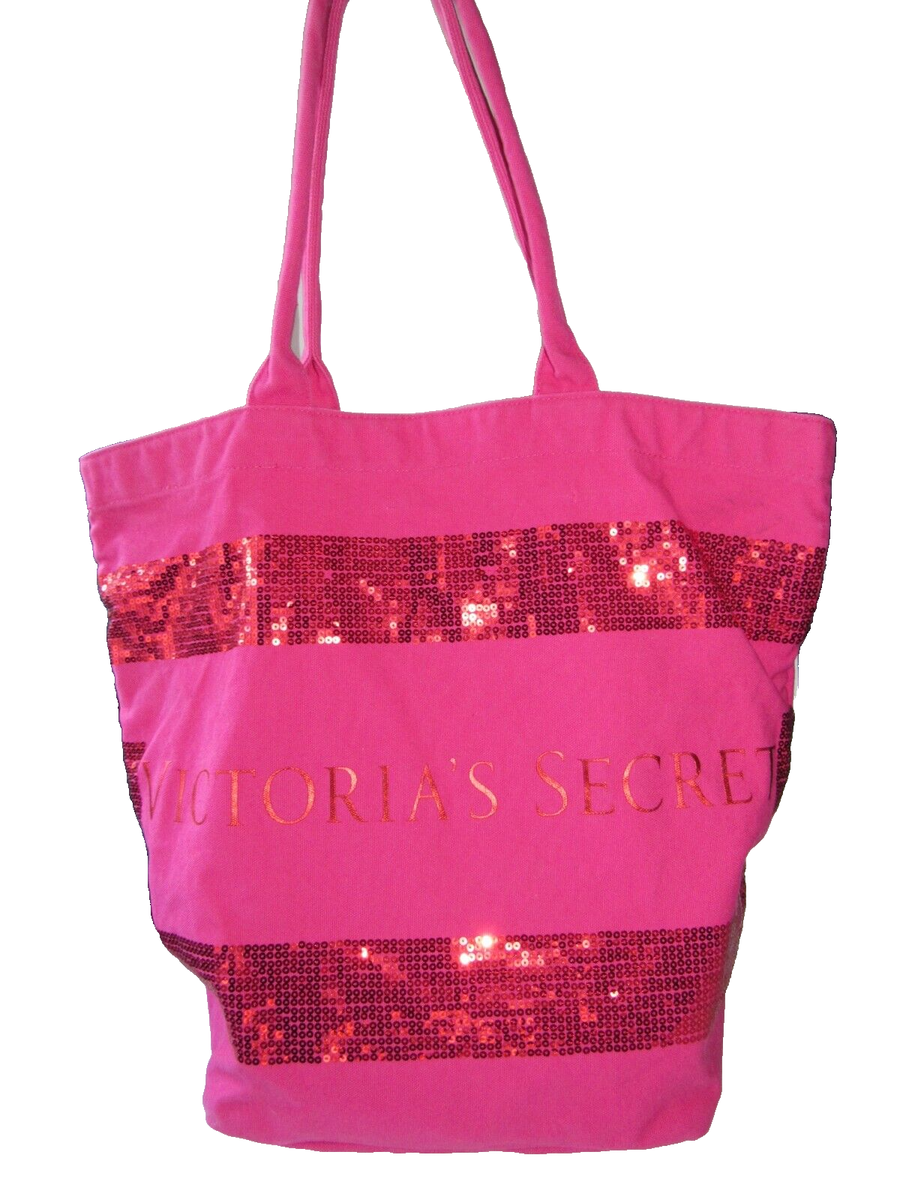 Victoria's Secret Hot Pink Canvas Sequined VS Logo Open Tote Beach