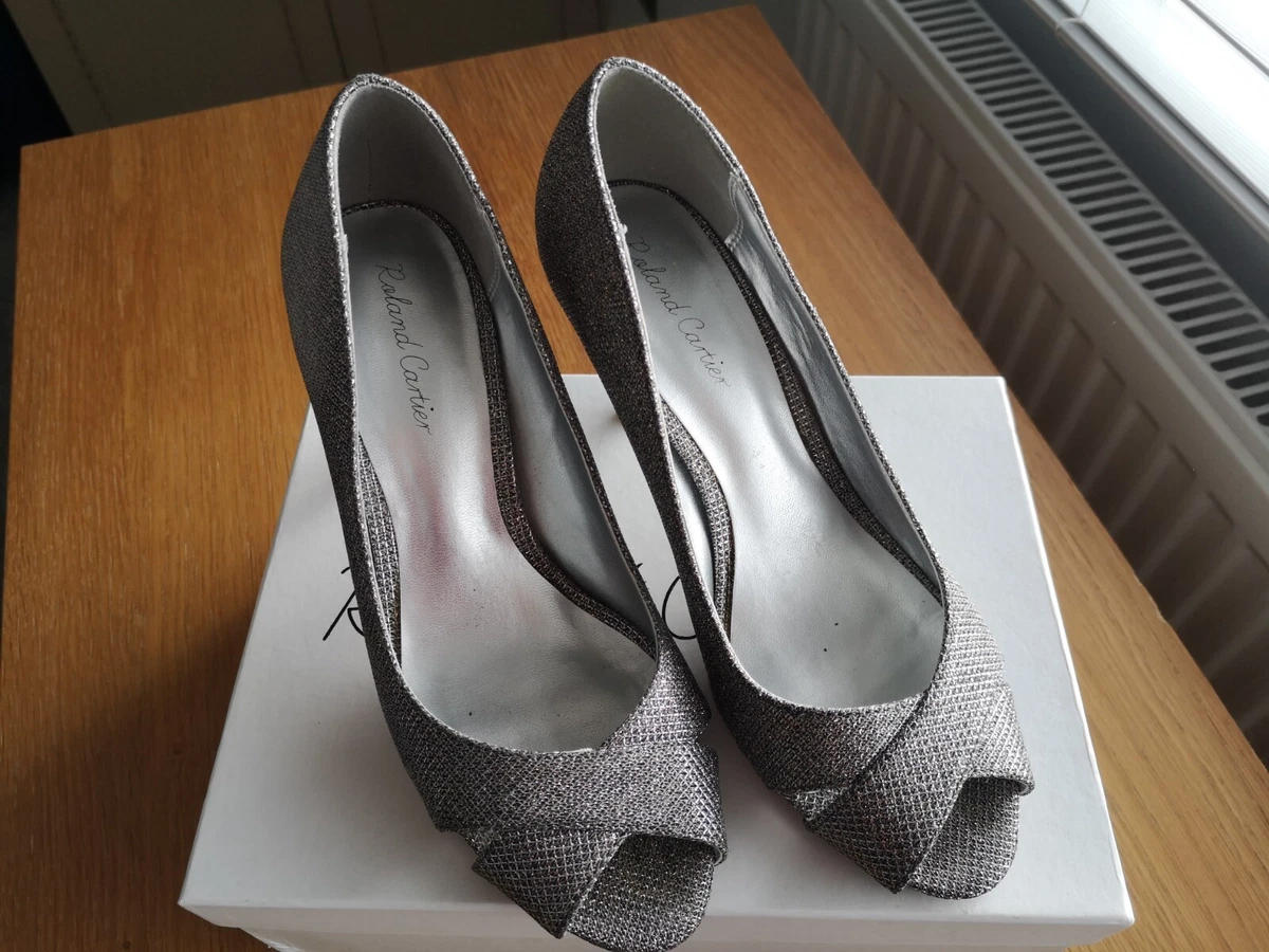 Roland Cartier Women s Cross Strap Peep Toe Silver Glitter Shoes Size 5 UK