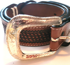Vintage Western Leather Belt Brown Tooled Silver Concho Womens 32 to 36"
