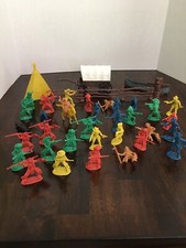 Vintage Wild West Plastic Toy Lot: 41 pieces Cowboys/Indians, Wagon, Canoe, etc.