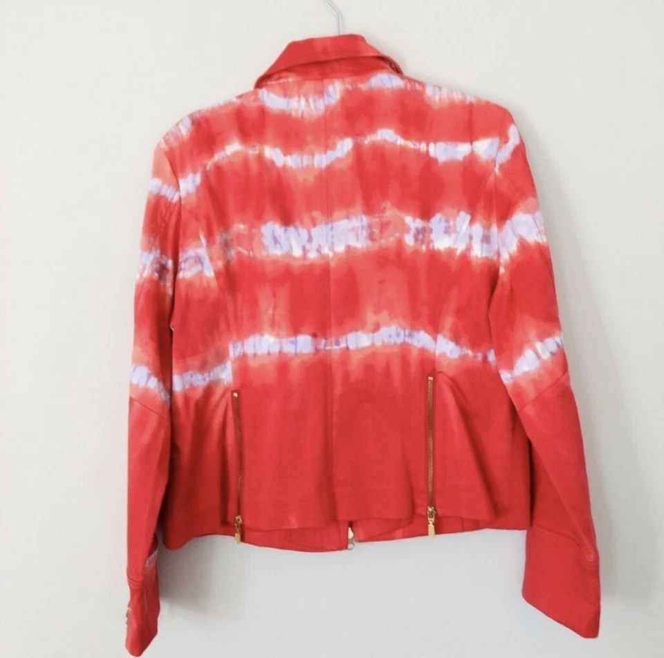 Berek Red Pink Coral Tie Dye Striped Moto Biker Jacket L Colorful Boho Foto 4 de 4