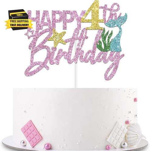Mermaid Happy 4Th Birthday Cake Topper, Pink Glitter Mermaid Four Cake Decoratio