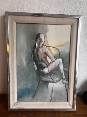 MARGE MILLS 1960 S MID-CENTURY MODERN GIRL SITTING IN CHAIR OIL PAINTING