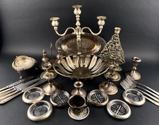 Vintage Antique Mixed Silver Lot Candle Holders Serving Tray Ashtrays 16 Pieces