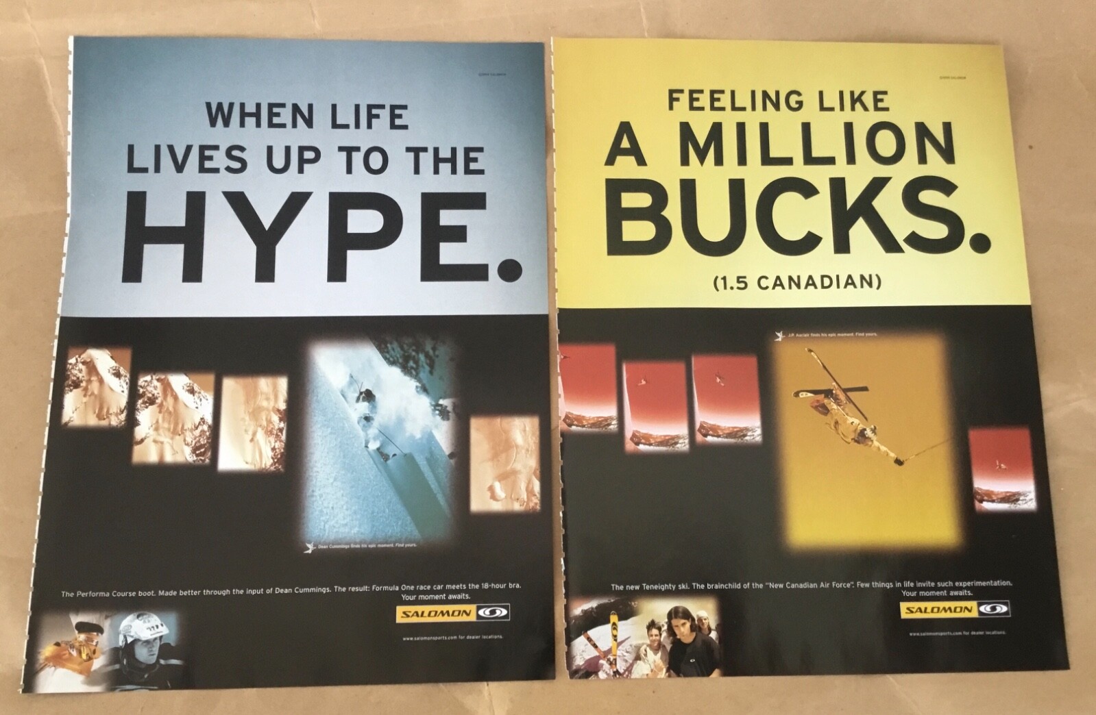 2 Salomon skis boots 1999 print ads vintage skiing gear sports 90s Dean Cummings