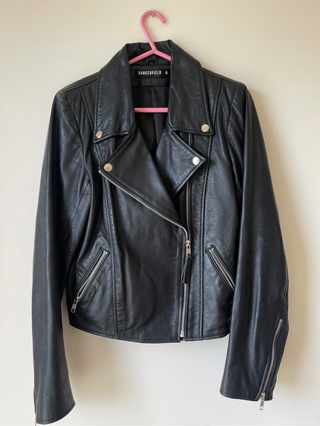 DANGERFIELD Black Full Grain 100 % LEATHER JACKET Size 6 Moto BIKER Style VGC  