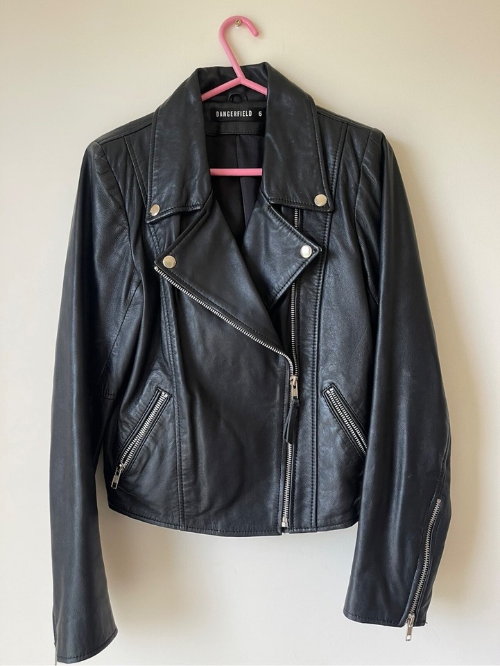 DANGERFIELD Black Full Grain 100 % LEATHER JACKET Size 6 Moto BIKER Style VGC  