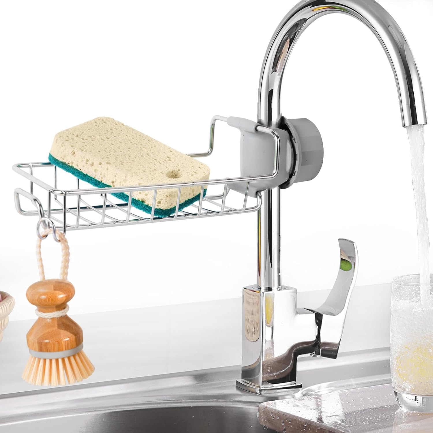 Stainless Steel Faucet Sponge Holder Rack for Kitchen Sink Organization