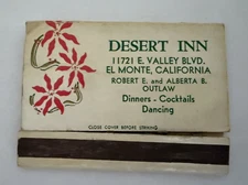 Desert Inn El Monte California Holiday Matchbook Cover 11721 E Valley Blvd FLAWS