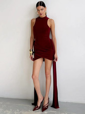 Elegant Sleeveless High Neck Elastic Slim Lace up Dress Women Tight Party Club E