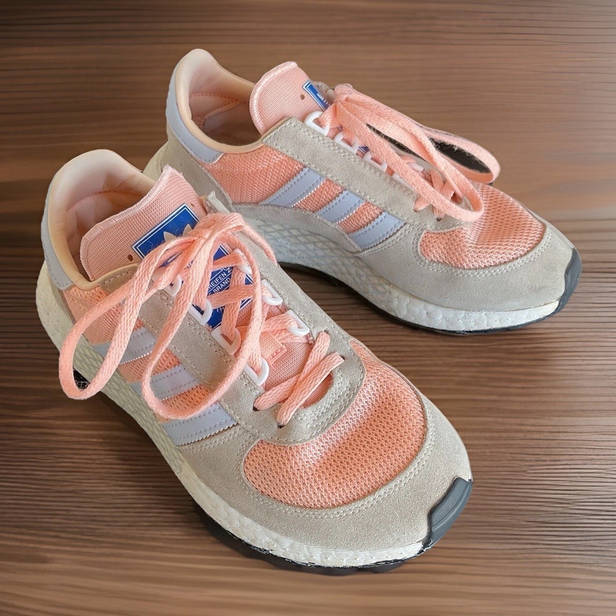 ADIDAS Marathon Coral Pink Gray Suede Mesh Classic Stripes