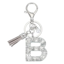 Initial Letter Keychain with Tassel, Alphabet Letter B Keyring, Silver