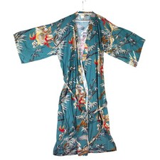 Vintage Japanese Kimono Dragon Tiger Paint 100 Cotton Teal Belted One Size