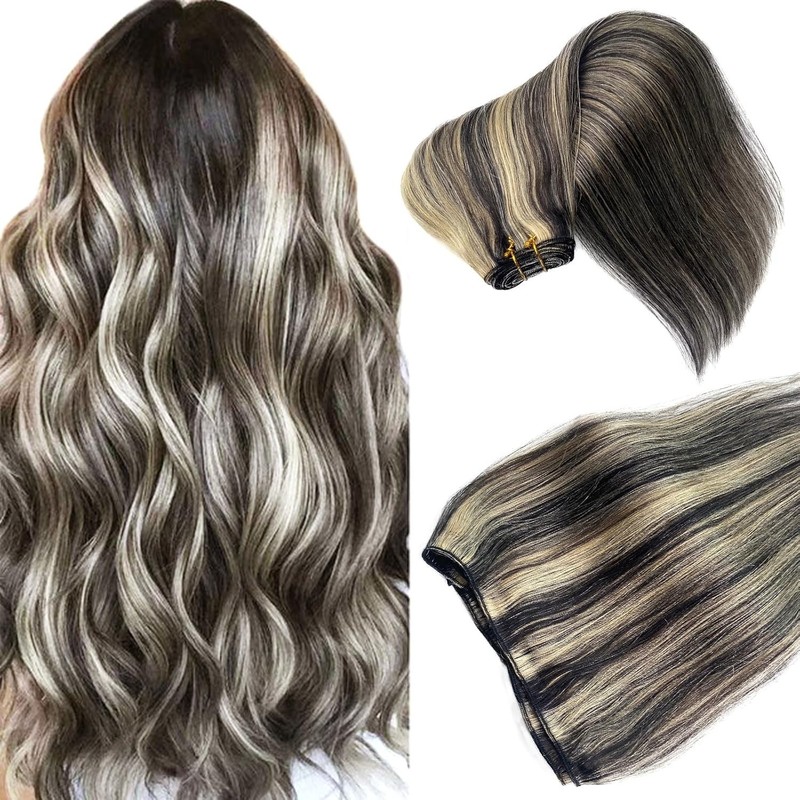Weft Human Hair Extensions Weave Sew in Remy Real Hair Balayage 1B/613 16in 50g