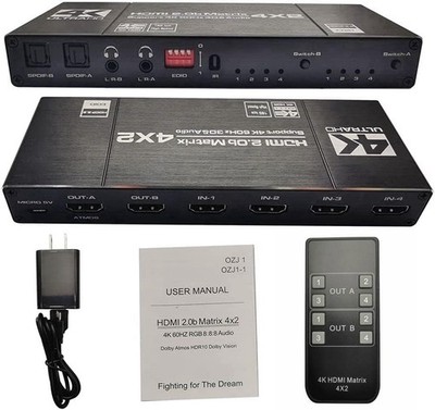 4K HDMI Matrix 4X2 Switcher Splitter with Toslink Spdif Audio out&L+R Stereo 3D