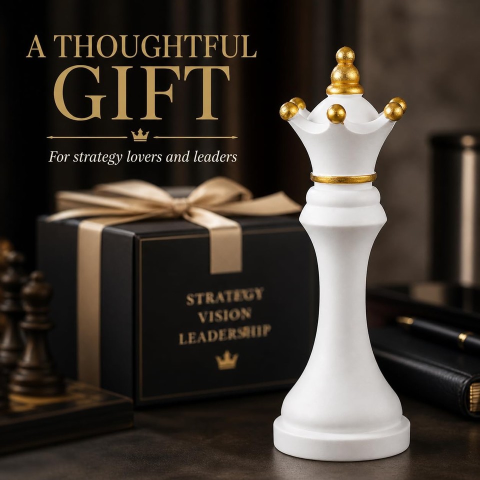 Chess Queen Statue Decor, 6 Inch White Resin Chess Piece Sculpture with ...