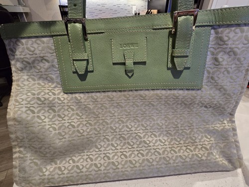 Loewe Anagram Tote Canvas Bag Green Leather Silver Hardware Preowned Authentic