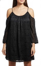 Lavender Brown Women Long Sleeve Cold Shoulder Black Party Lace Dress (M) NEW