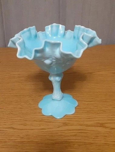 Fenton, Blue Marble Slag Ruffled Compote - Opaque Glass