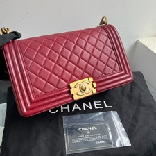 Chanel Boy Medium Chain Flap Shoulder Bag Red Lambskin Gold HW [Duties Paid]
