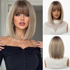 Natural Breathable Bangs Gradient Gold Short Straight Bob Wig Full